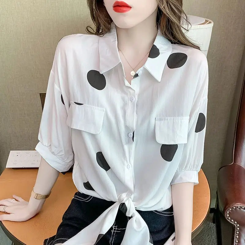 Loose Bandage Bow Polka Dot Shirt