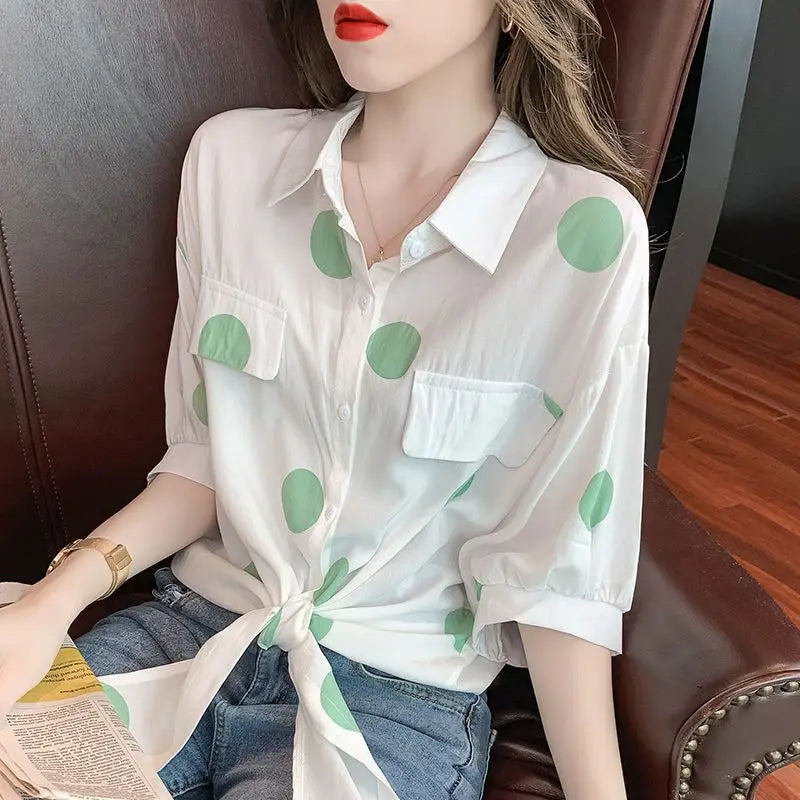 Loose Bandage Bow Polka Dot Shirt