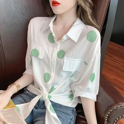 Loose Bandage Bow Polka Dot Shirt